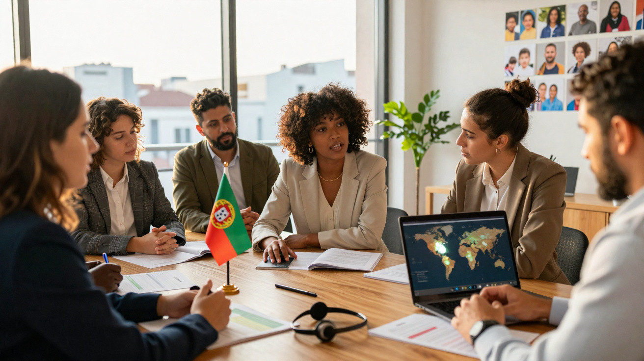 Reunião de cinco pessoas em escritório com bandeira de Portugal e laptop mostrando mapa-múndi na tela.