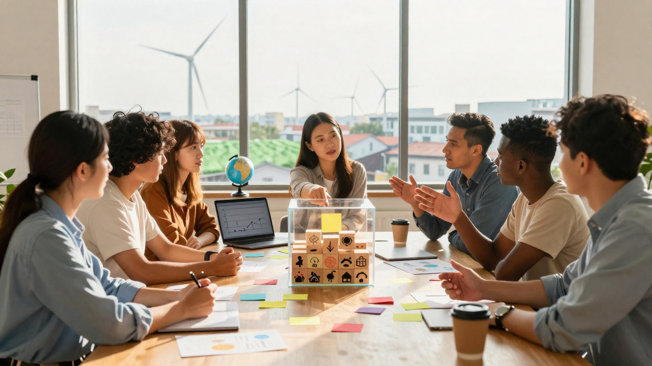 Grupo diverso em reunião de trabalho discutindo energia renovável com moinho de vento ao fundo.