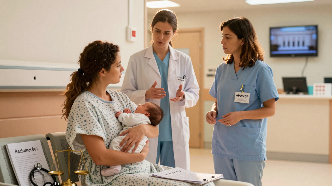 Mulher segurando bebê conversa com médica e enfermeira em hospital, ao lado pratos de balanço e esteto no banco.