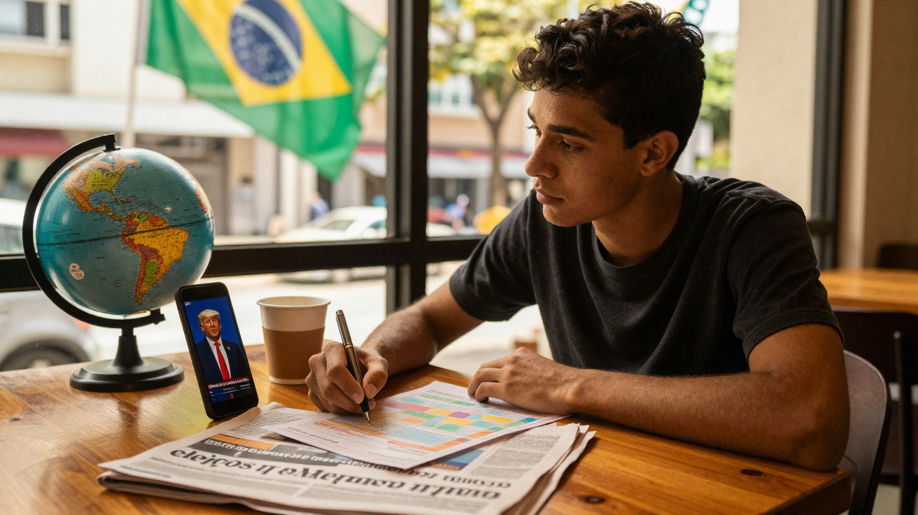 Jovem sentado à mesa escreve em papel, com jornal e telefone exibindo imagem na frente, globo terrestre ao lado.