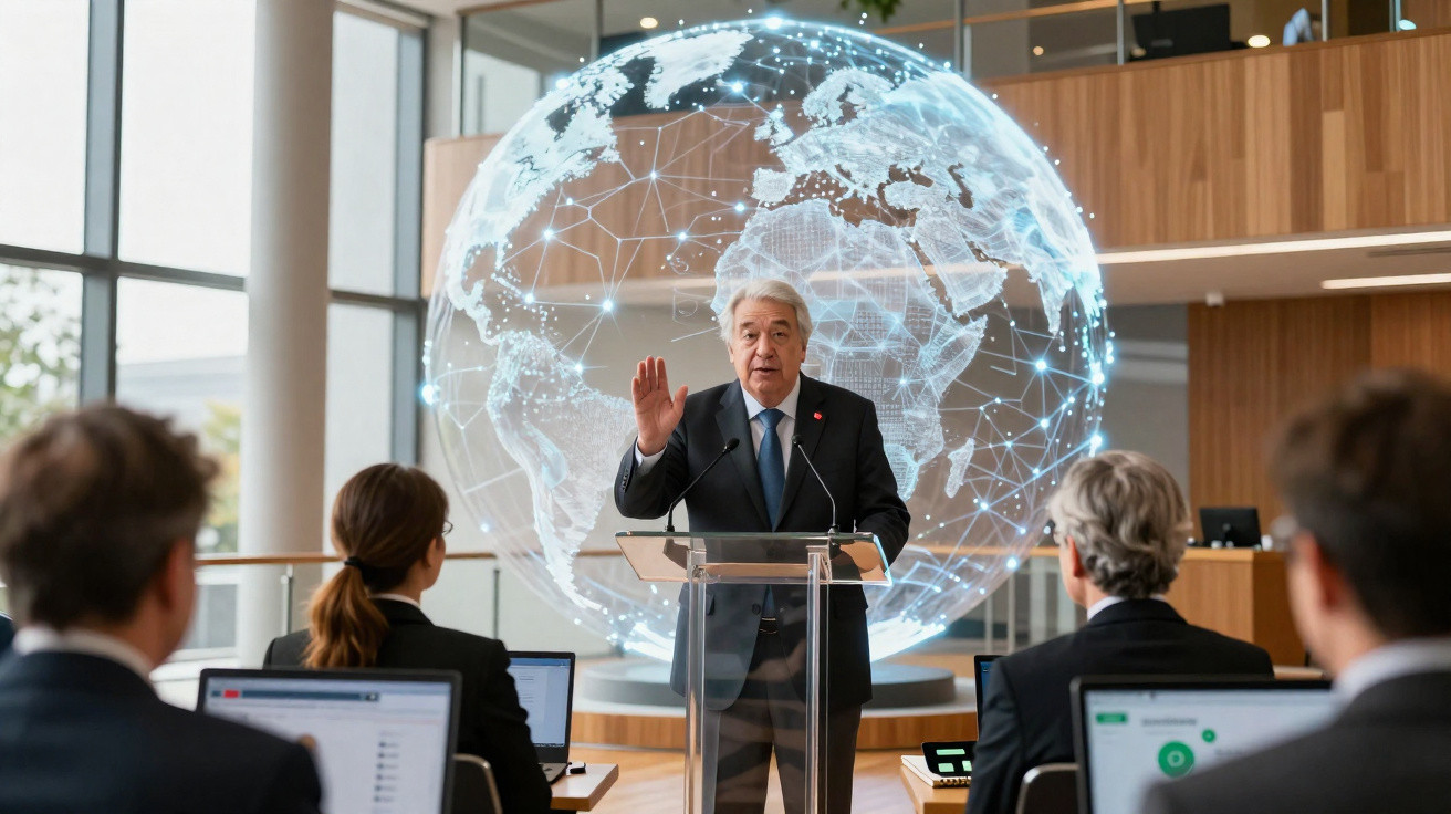 Homem falando ao microfone em púlpito com mapa digital do mundo ao fundo para audiência em sala moderna.