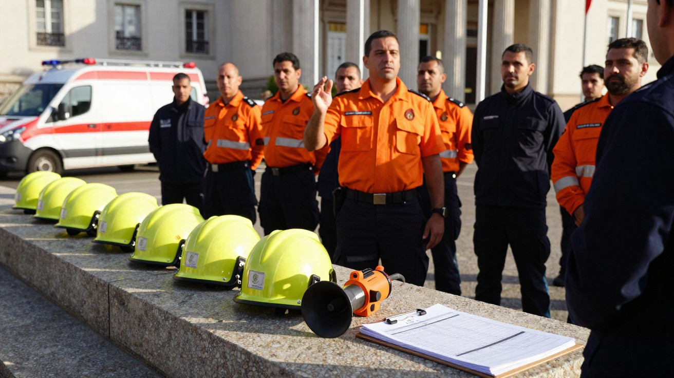 Grupo de bombeiros em uniforme laranja alinhados atrás de capacetes e megafone em mesa de pedra.