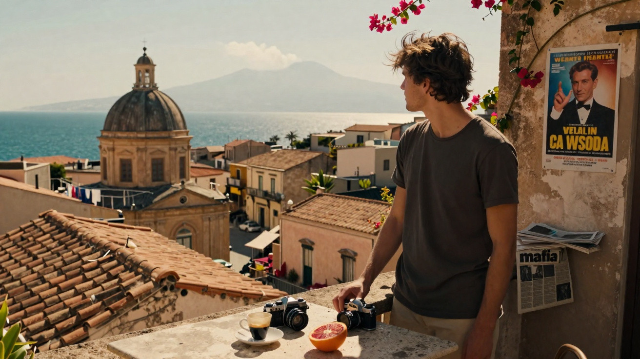 Jovem com câmeras observa a vista do mar e prédios antigos em terraço ensolarado com frutas e café.