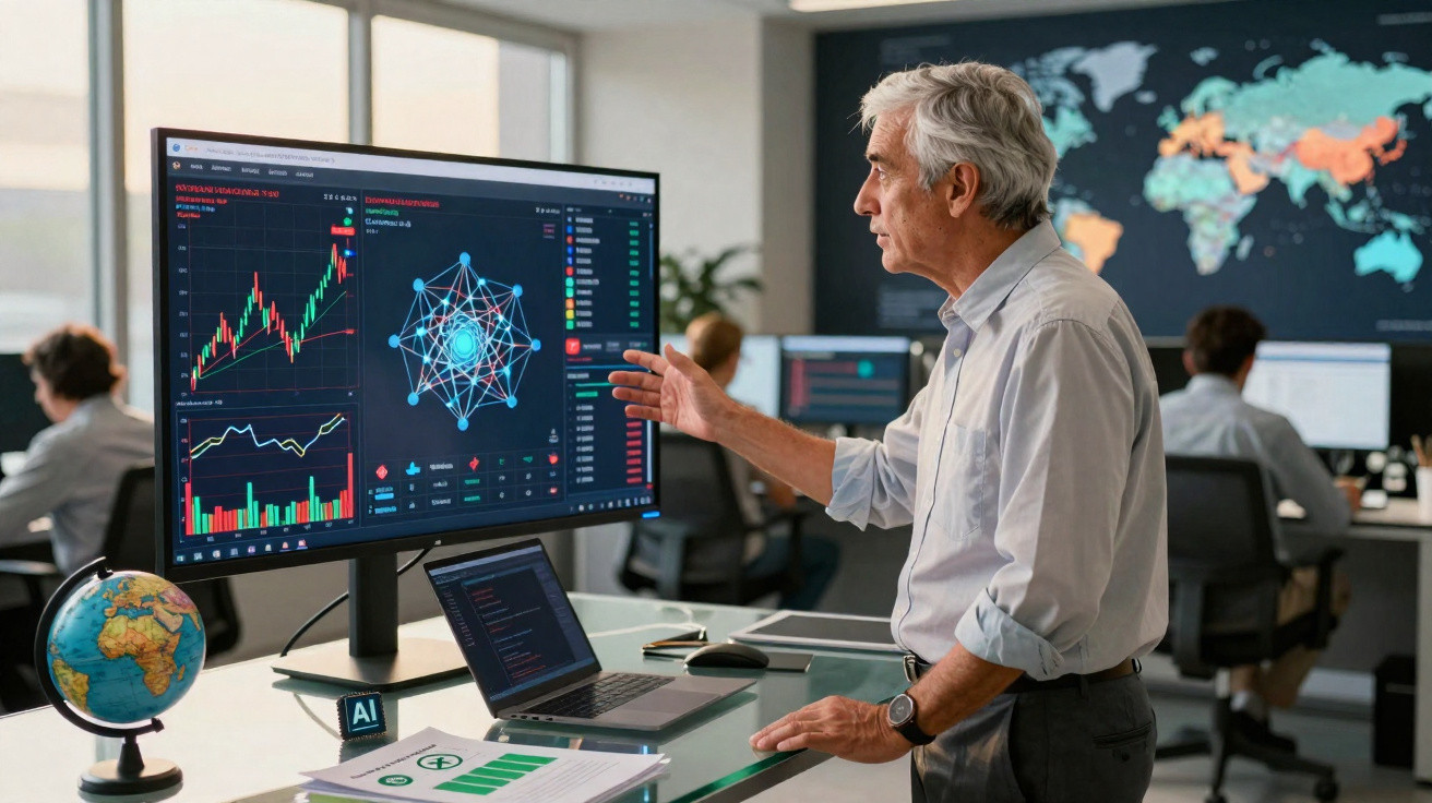 Homem idoso analisando gráficos e dados digitais em monitor grande em escritório moderno com mapa-múndi ao fundo.