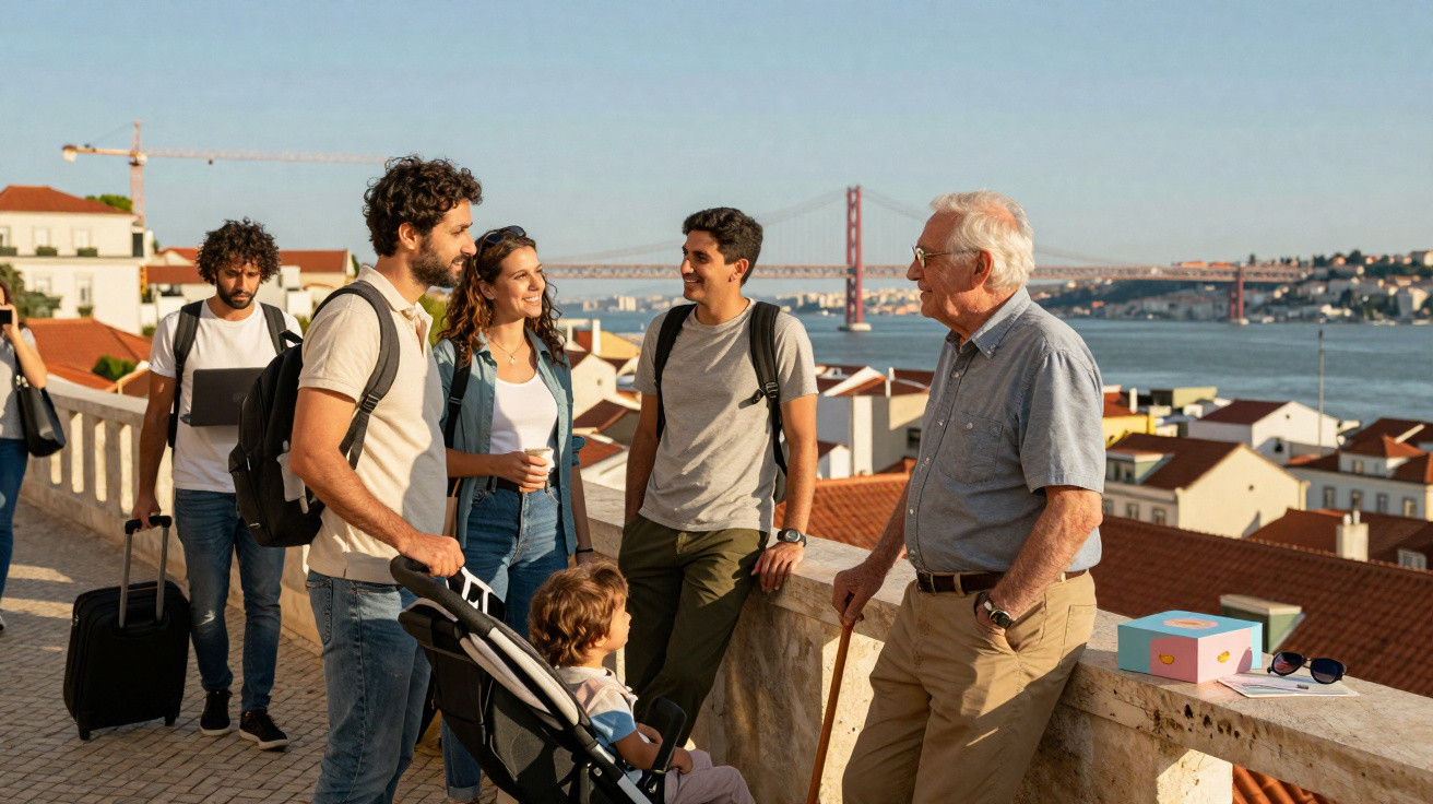 Grupo de pessoas conversando em mirante com vista para rio e ponte ao fundo em dia ensolarado.
