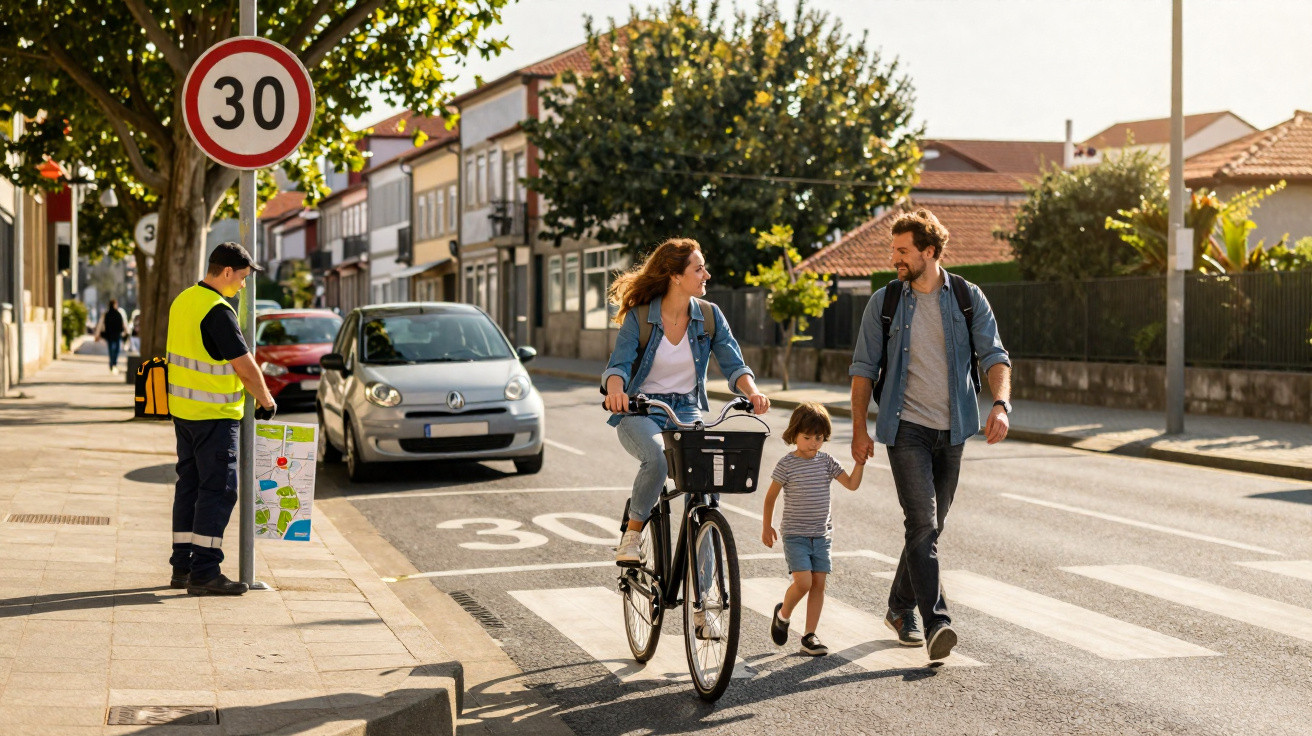 Família atravessando rua em faixa de pedestres com ciclista e placa de limite 30 km/h ao lado.