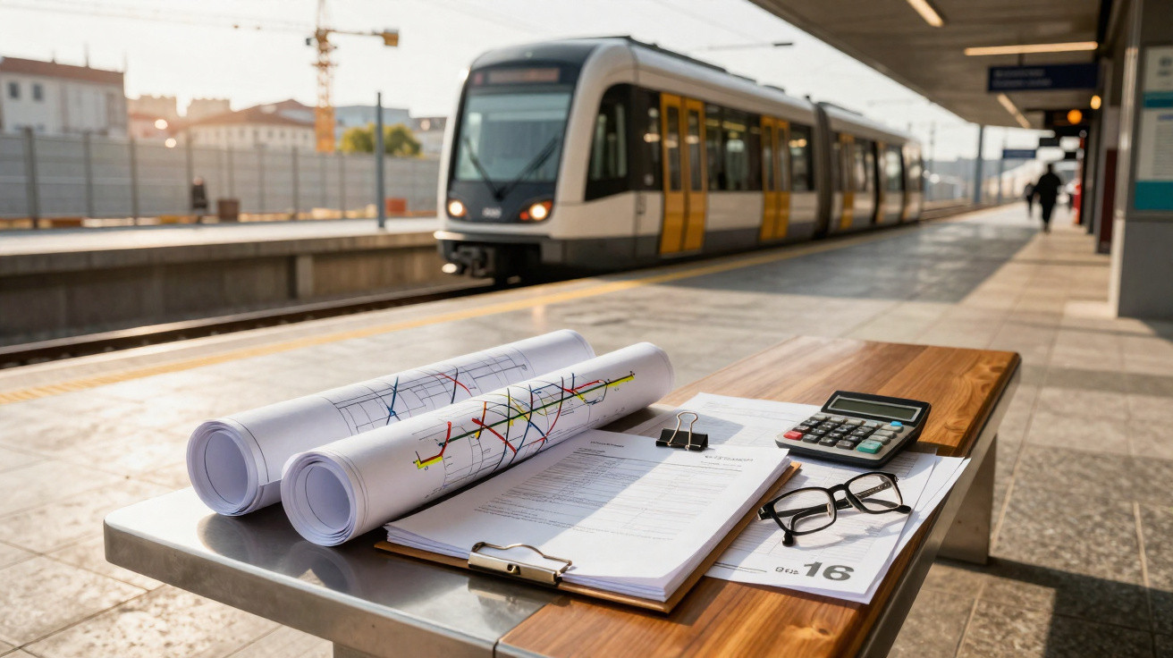 Documentos, mapas e calculadora sobre mesa na plataforma de estação de trem com trem ao fundo.