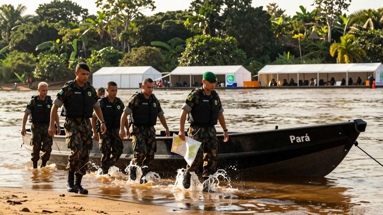 Soldados em uniforme camuflado saindo de barco preto no rio Pará com barracas e vegetação ao fundo.