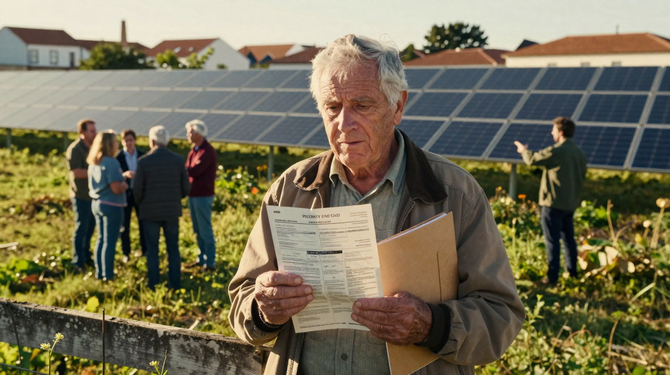 Idoso analisa documentos em fazenda com painéis solares, grupo discute ao fundo.