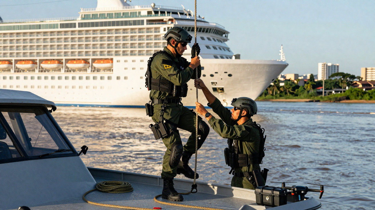 Dois policiais em barco próximo a um grande navio de cruzeiro em área portuária durante o dia.