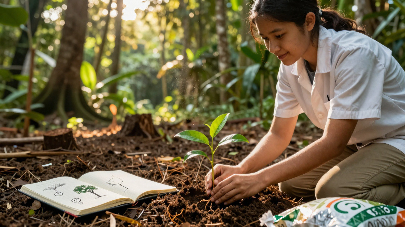 Jovem plantando muda ao ar livre com livro ilustrado aberto ao lado, em ambiente de floresta.