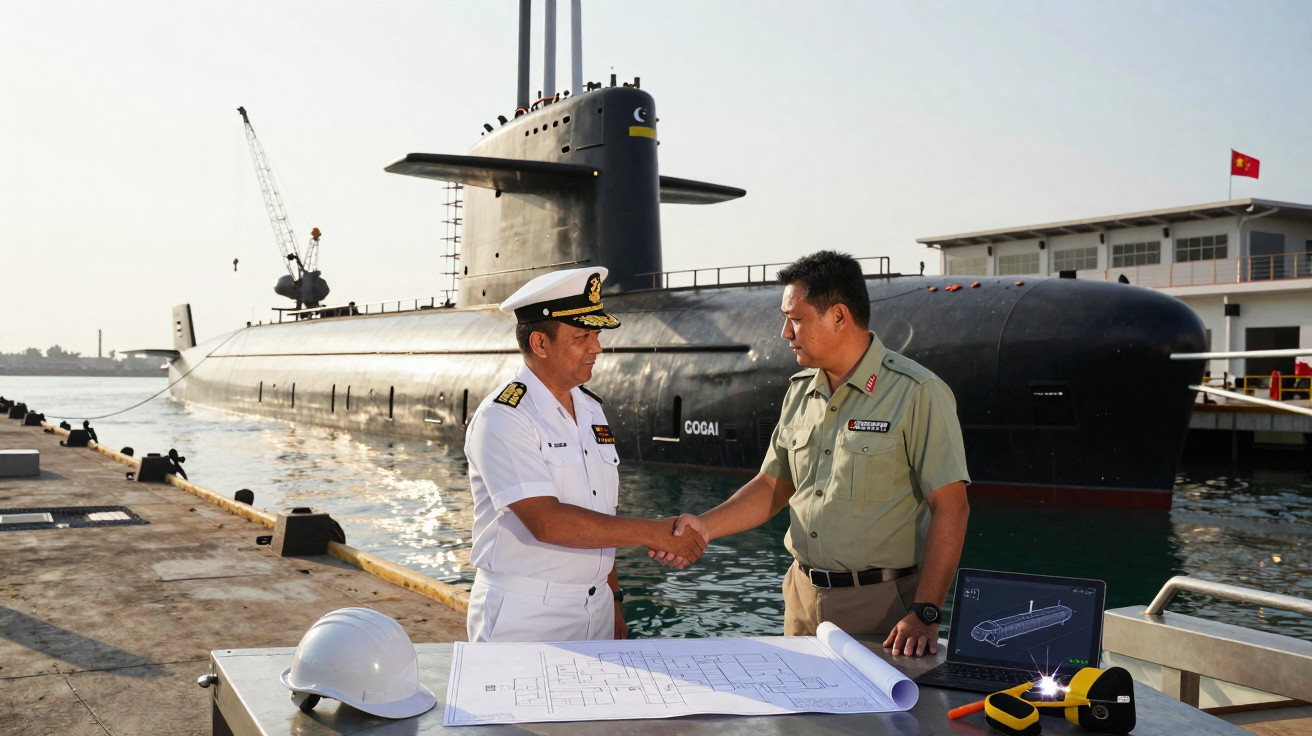 Dois militares apertam as mãos em frente a um submarino no cais, com plantas e equipamentos sobre a mesa.