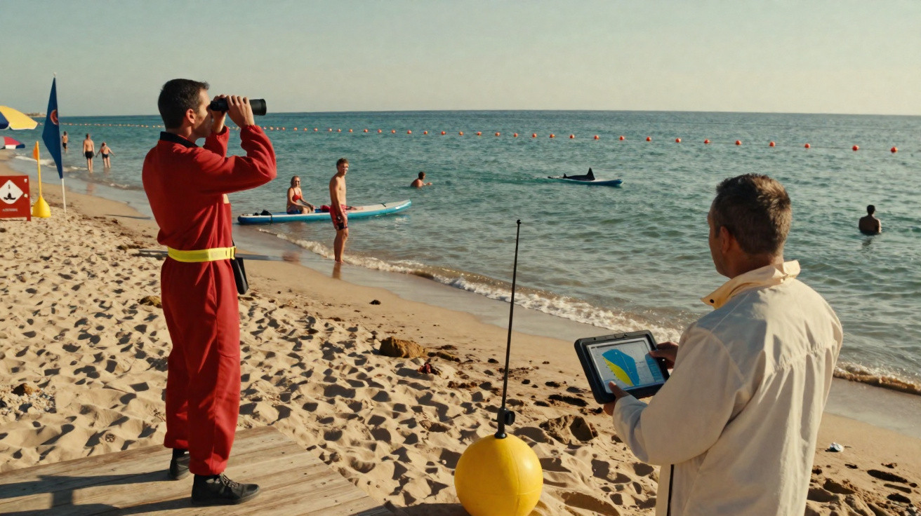 Homem usando binóculos na praia observa o mar enquanto outra pessoa segura um tablet, com banhistas ao fundo.