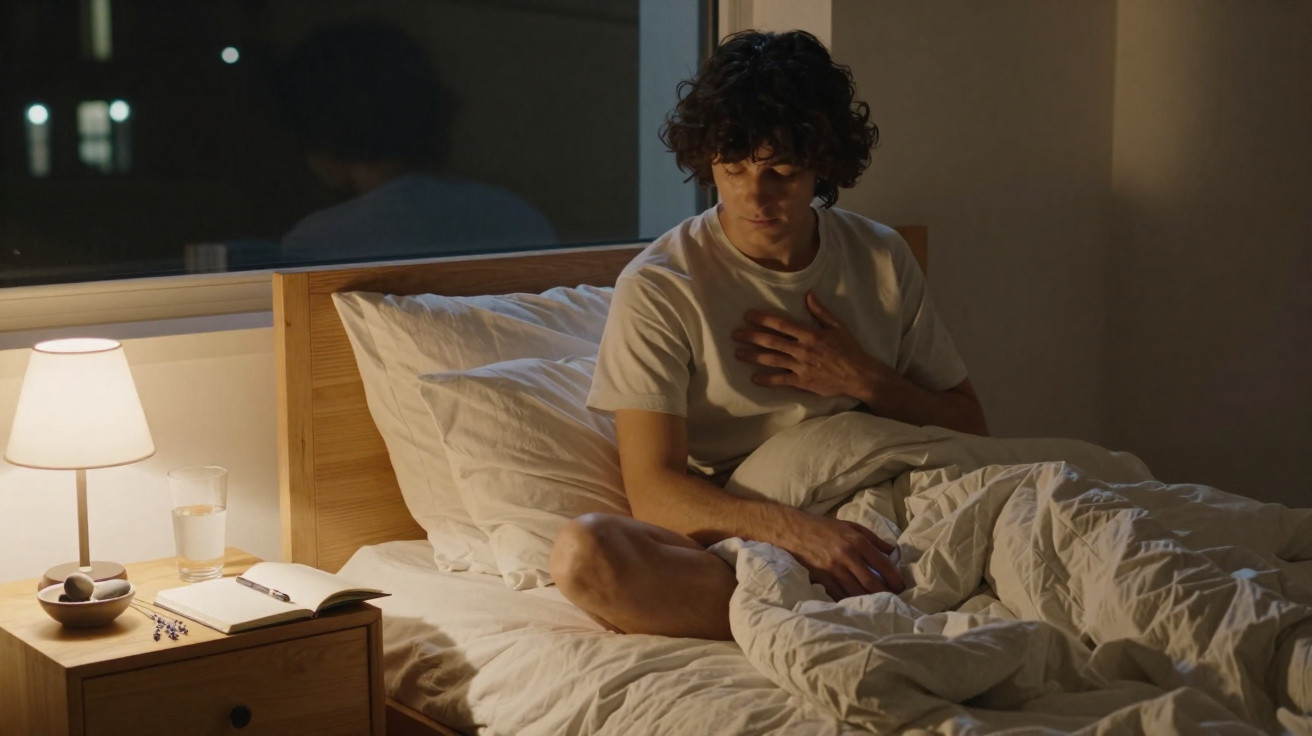 Homem sentado na cama à noite, com uma mão no peito, expressão pensativa e luz de abajur acesa ao lado.