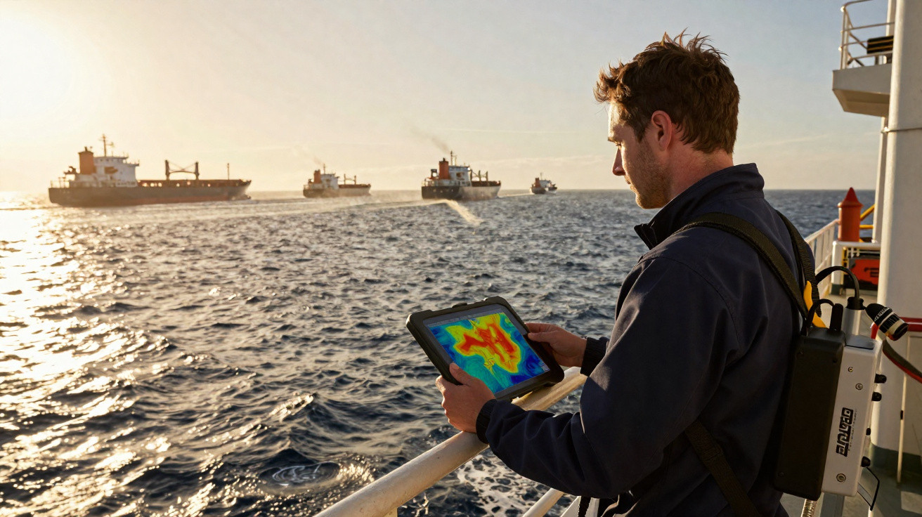 Homem no convés de navio usando tablet para analisar dados marítimos com navios ao fundo ao pôr do sol.