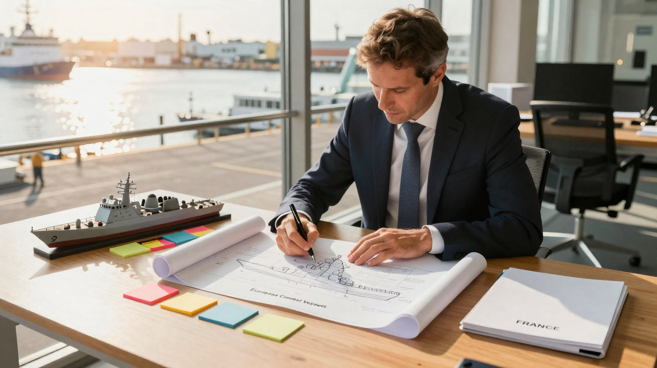 Homem de terno desenha projeto de navio militar em escritório com vista para o porto ao fundo.