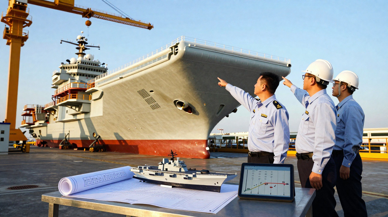 Três homens com capacetes e uniformes em estaleiro naval observam navio de guerra e maquete sobre mesa com plantas.