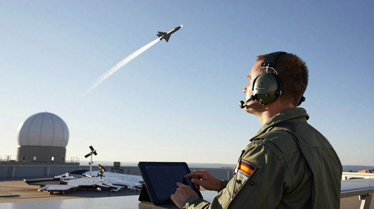 Militar observa jato de combate decolando enquanto usa tablet e fones em torre de controle.