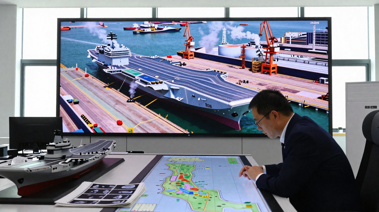 Homem analisando mapa com modelo de navio e tela grande mostrando porta-aviões atracado no porto.