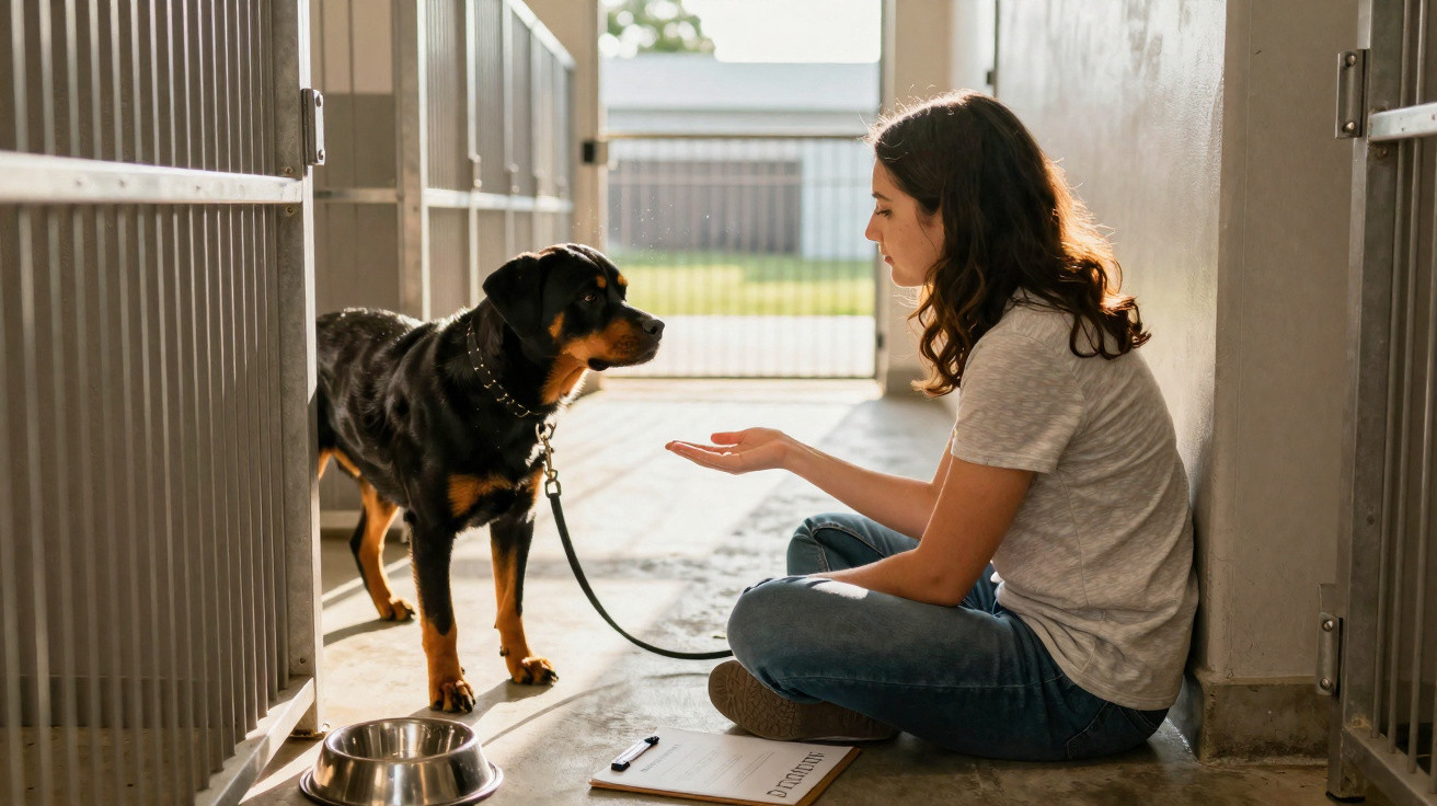 Mulher sentada no chão interagindo com um cachorro Rottweiler em abrigo de animais.
