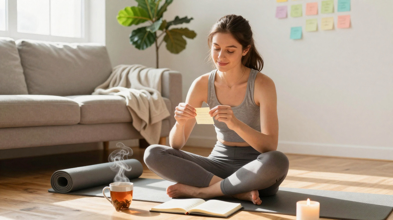 Mulher sentada no chão em posição de yoga, segurando papel, com chá, vela e anotações ao redor.