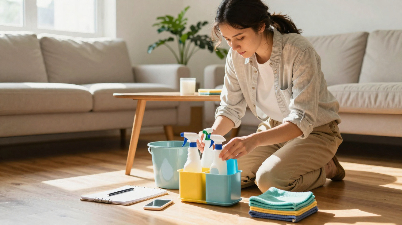 Mulher organizando frascos de produtos de limpeza no chão da sala com sofá e mesa ao fundo.