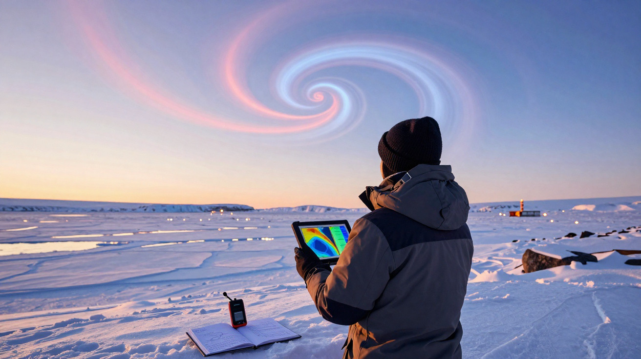 Pessoa com agasalho observa fenômeno celeste em espiral enquanto utiliza tablet e rádio em paisagem nevada.