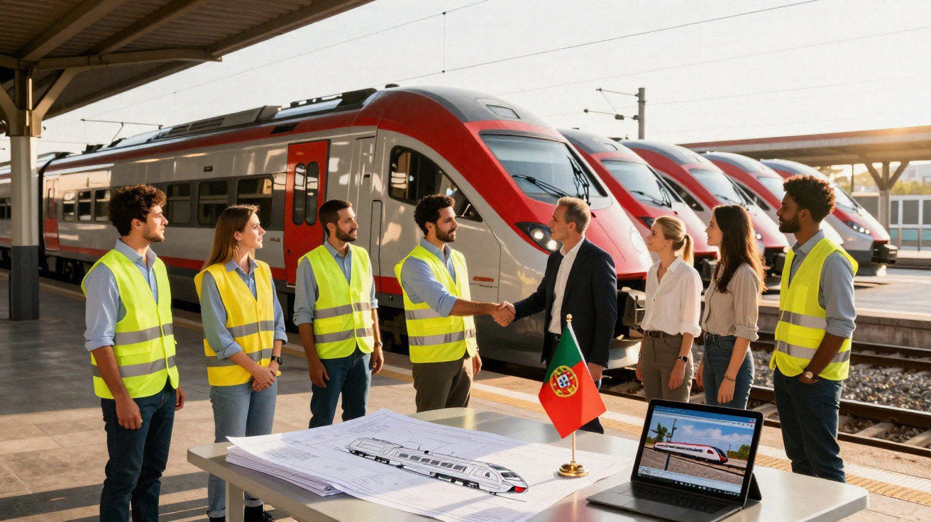 Equipe de engenheiros em estação ferroviária com trens modernos e planta de projeto na mesa.