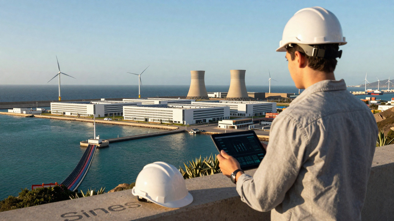 Engenheiro com capacete observa usina eólicas e termelétrica à beira-mar em Sines, Portugal.