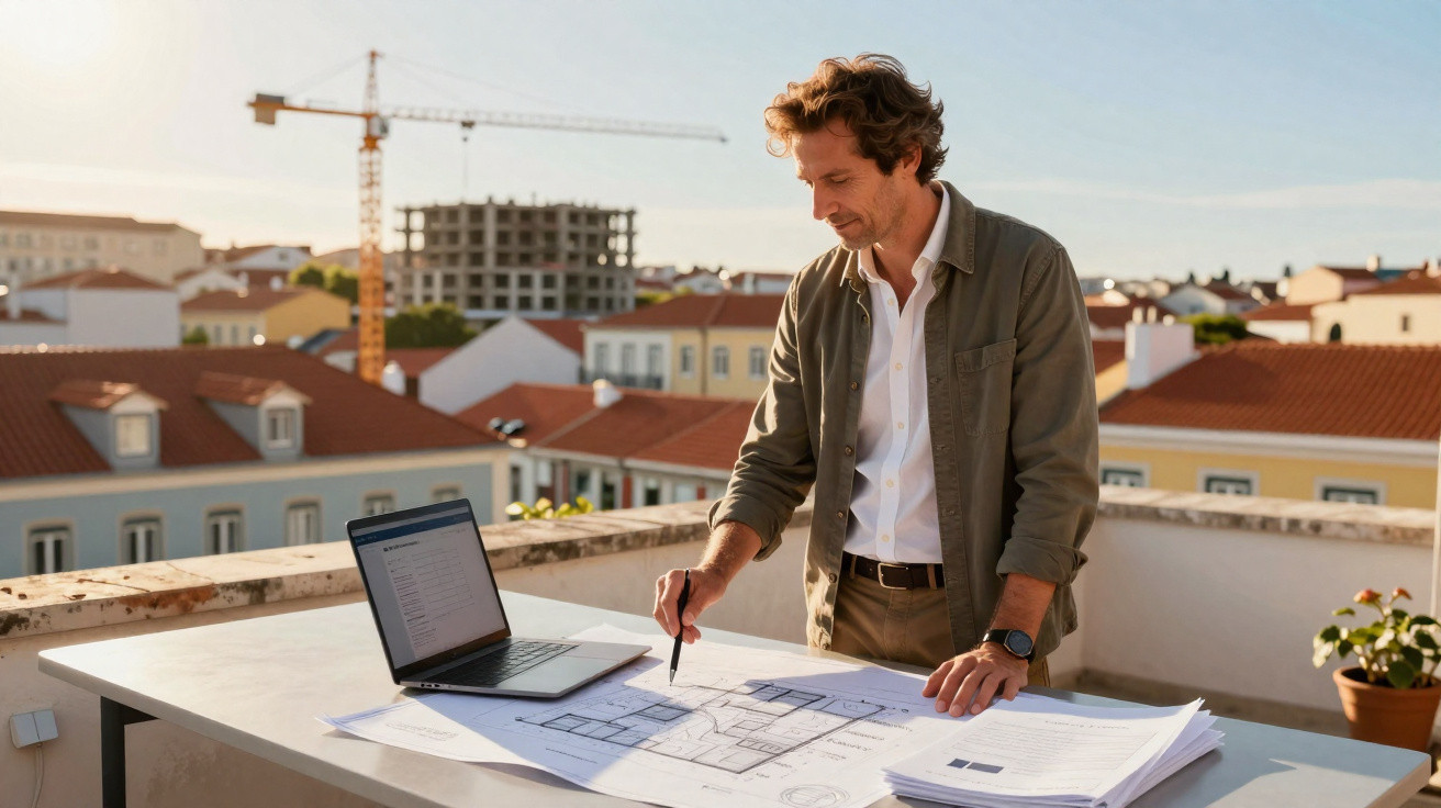 Homem analisando planta de construção em mesa externa com laptop em área urbana ao entardecer.