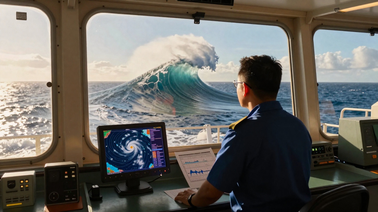 Homem observa grande onda do mar pela janela de cabine de navio, com monitores e equipamentos ao redor.