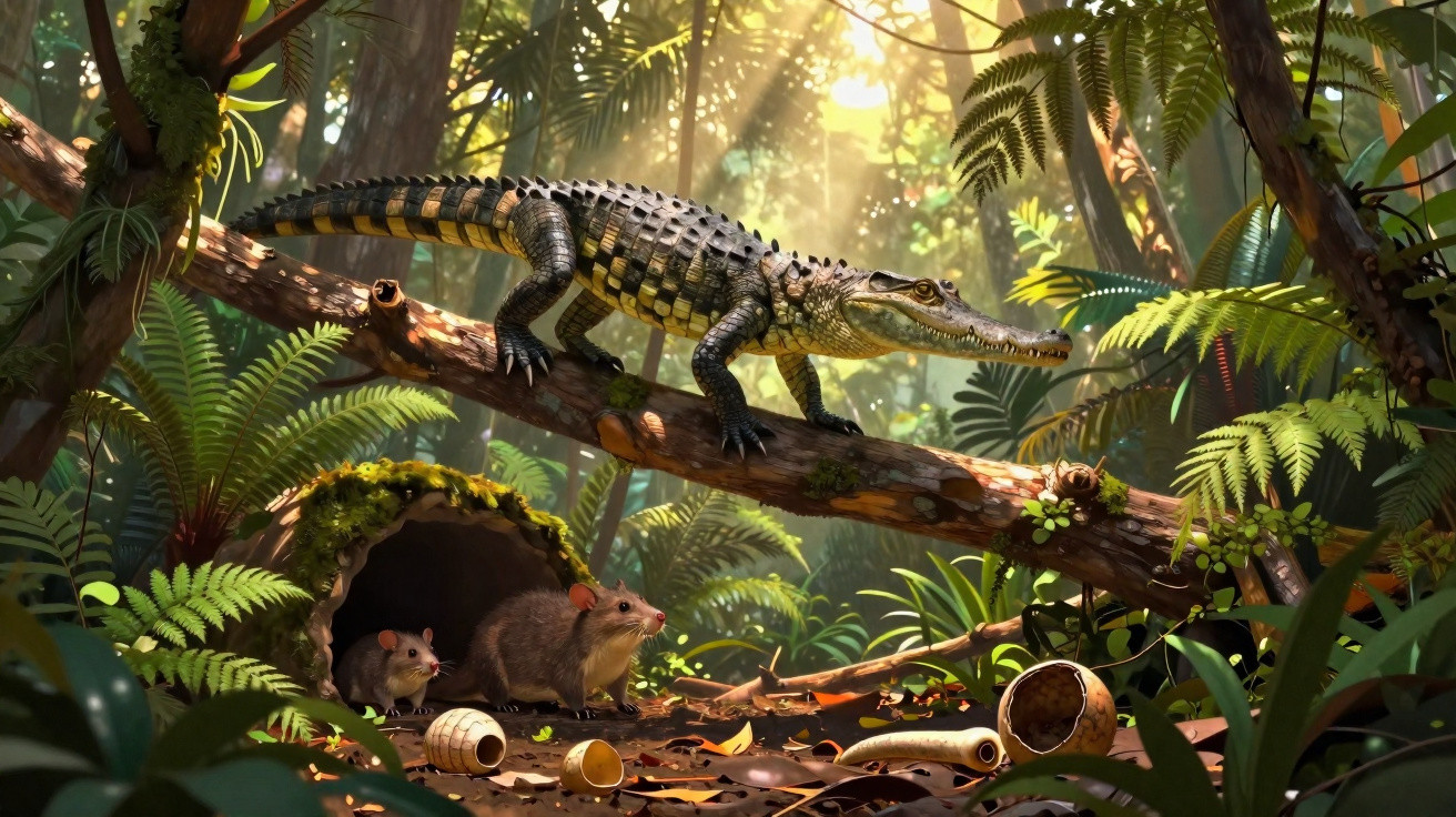 Crocodiliano sobre galho em floresta iluminada com dois ratos perto de toca no chão coberto por folhas.