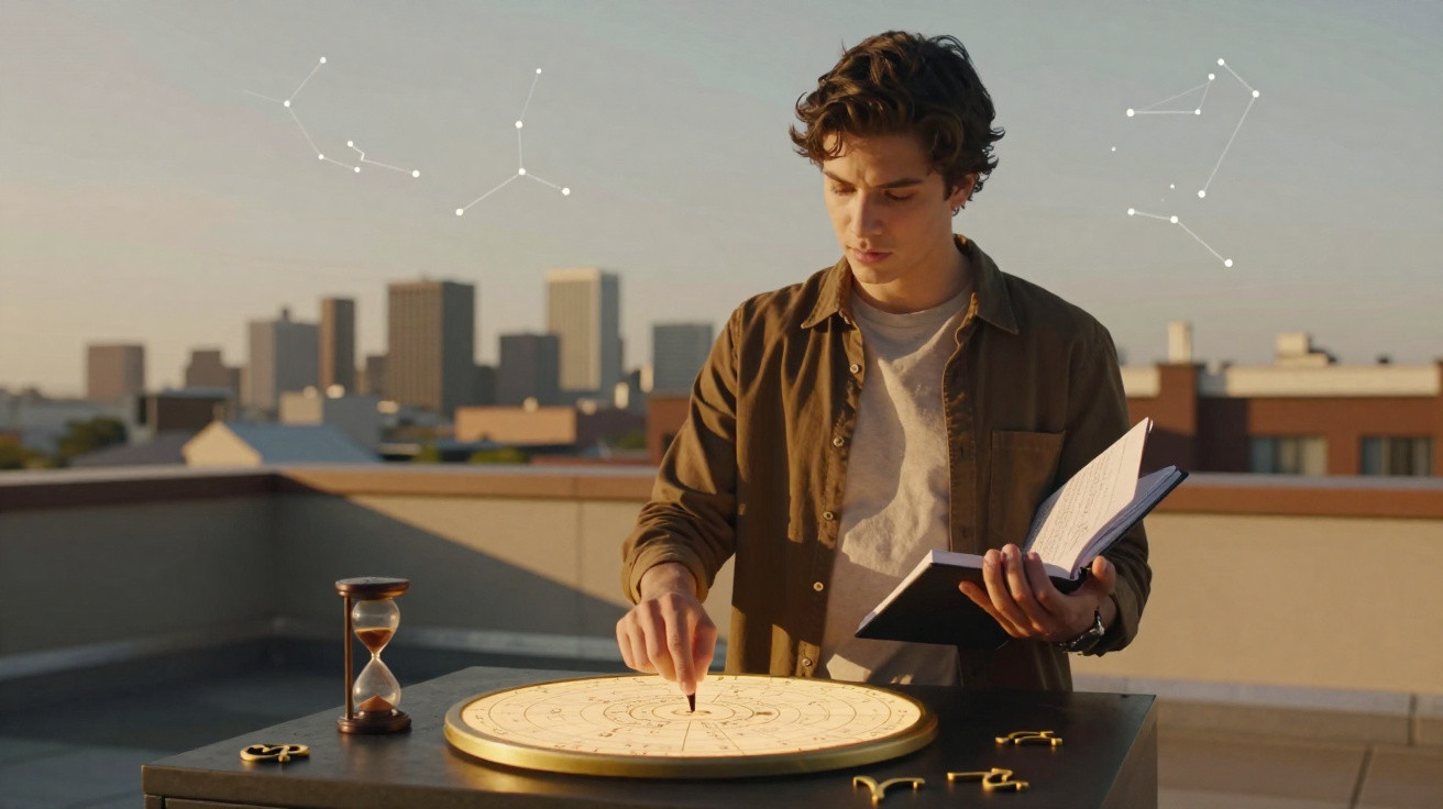 Jovem observa mapa astrológico em mesa ao ar livre no pôr do sol, segurando um livro aberto.