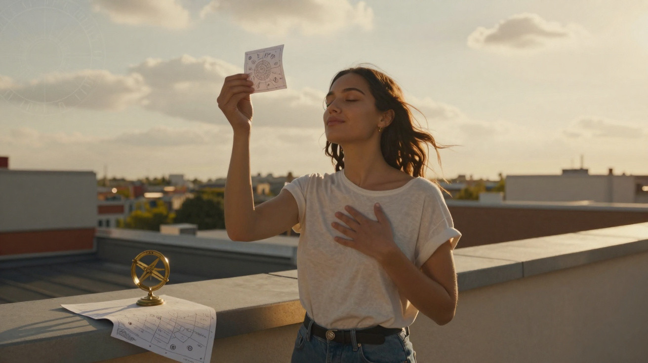 Mulher em terraço segurando mapa astrológico ao sol, com outra mão no peito, cenário urbano ao fundo.