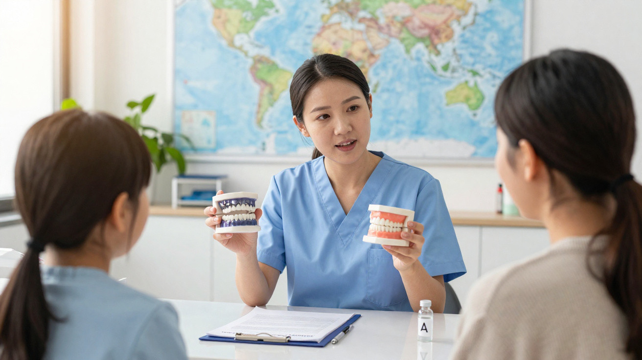 Dentista explicando tratamento com modelos de dentes para duas pacientes em consultório.