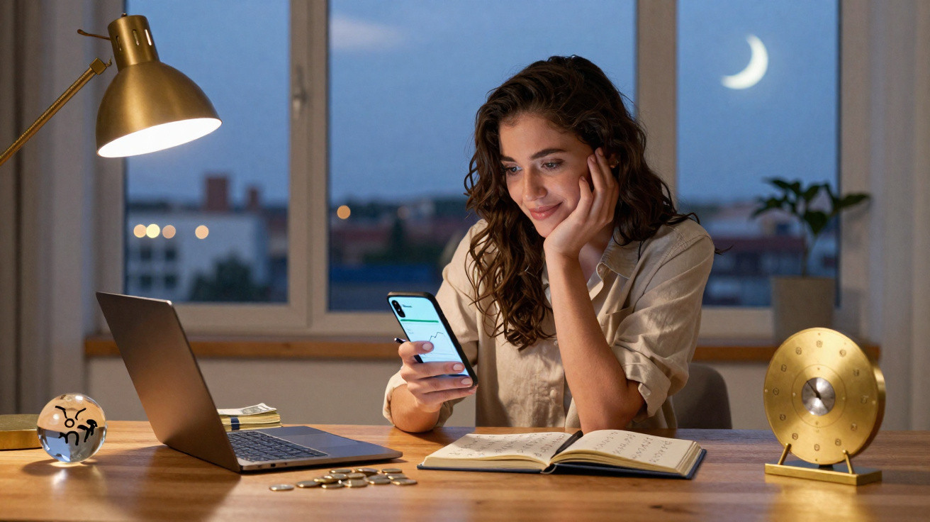 Mulher sorrindo usa smartphone e estuda à mesa com notebook e caderno, ao entardecer com lua crescente visível.