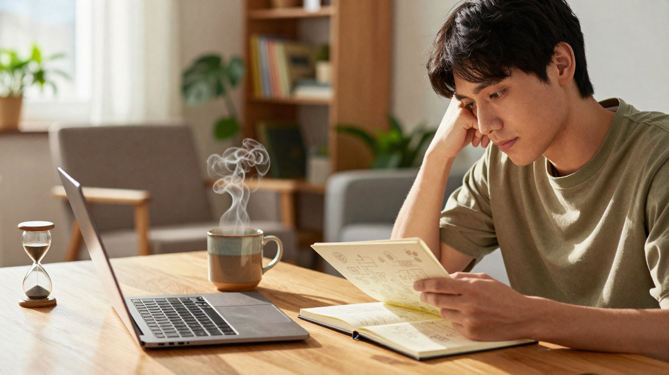 Homem lendo anotações em casa, sentado à mesa com notebook, xícara de café fumegante e ampulheta.