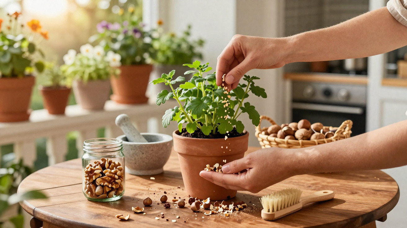 Mãos semeando sementes em vaso com planta, mesa com nozes, pincel e almofariz em ambiente claro.