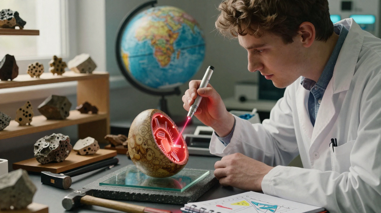 Cientista em laboratório usa dispositivo laser para analisar dentro de esfera decorada com desenhos técnicos.