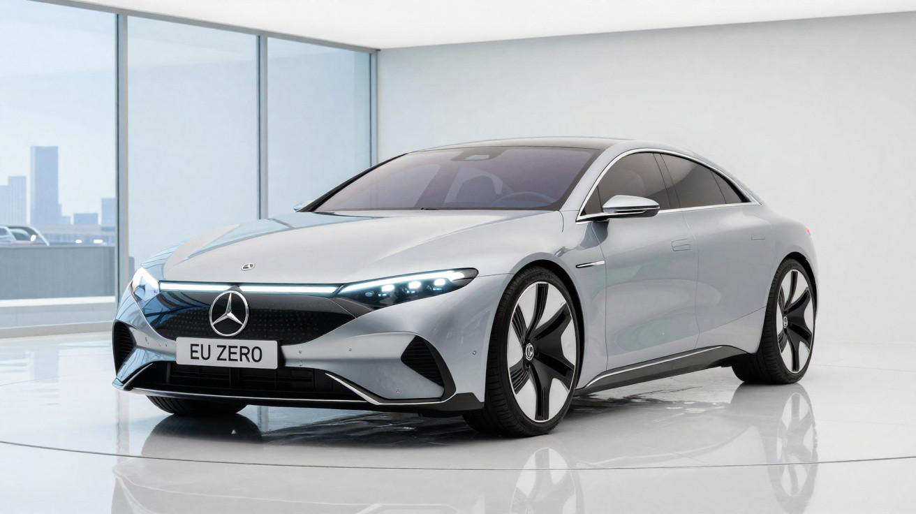 Carro elétrico Mercedes-Benz prata estacionado em ambiente interno minimalista e iluminado.