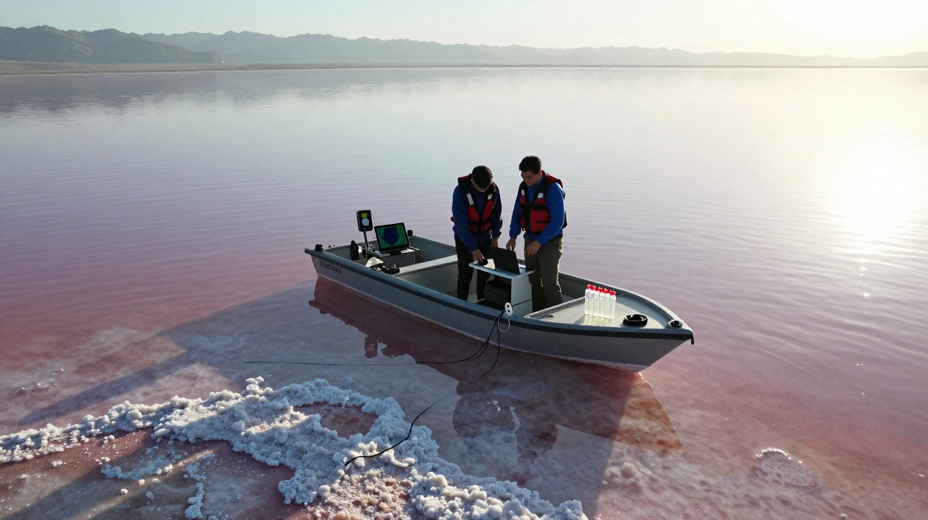 Dois homens com coletes vermelhos em barco medem qualidade da água em lago salgado rosa ao amanhecer.