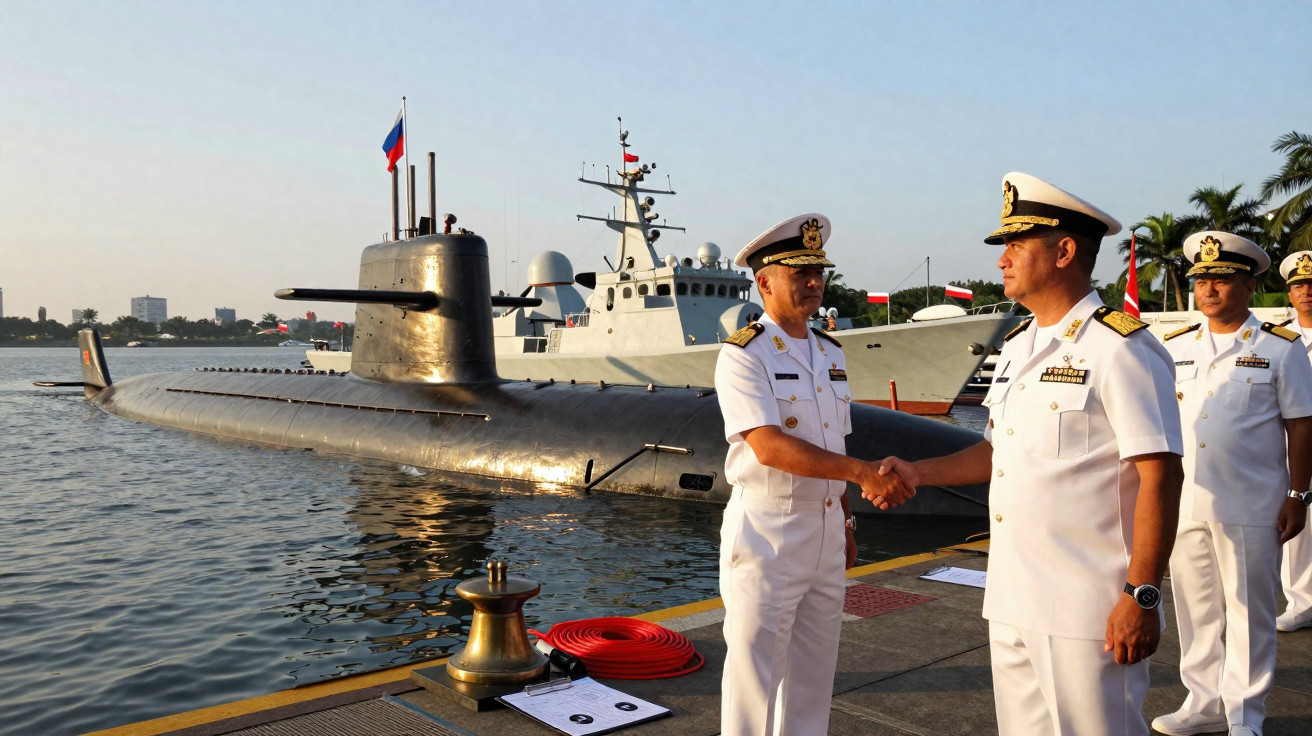 Dois oficiais da marinha em uniformes brancos apertam as mãos no cais, com submarino e navio ao fundo.