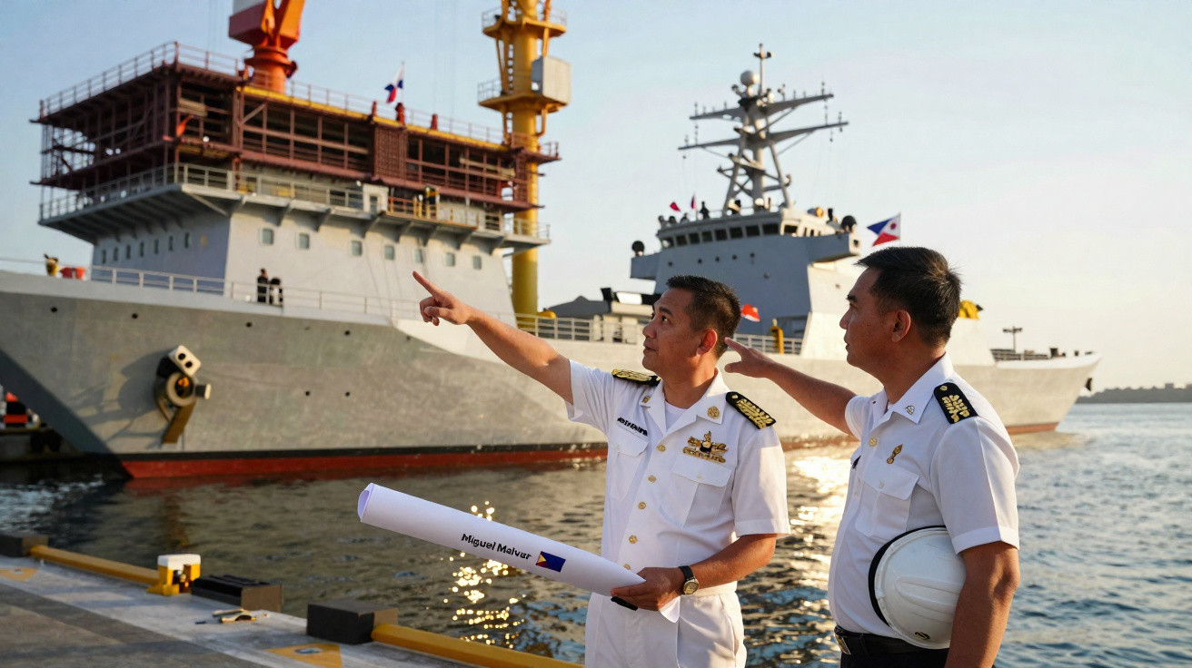 Dois oficiais navais em uniforme branco seguram plantas e apontam para navios militares atracados ao pôr do sol.