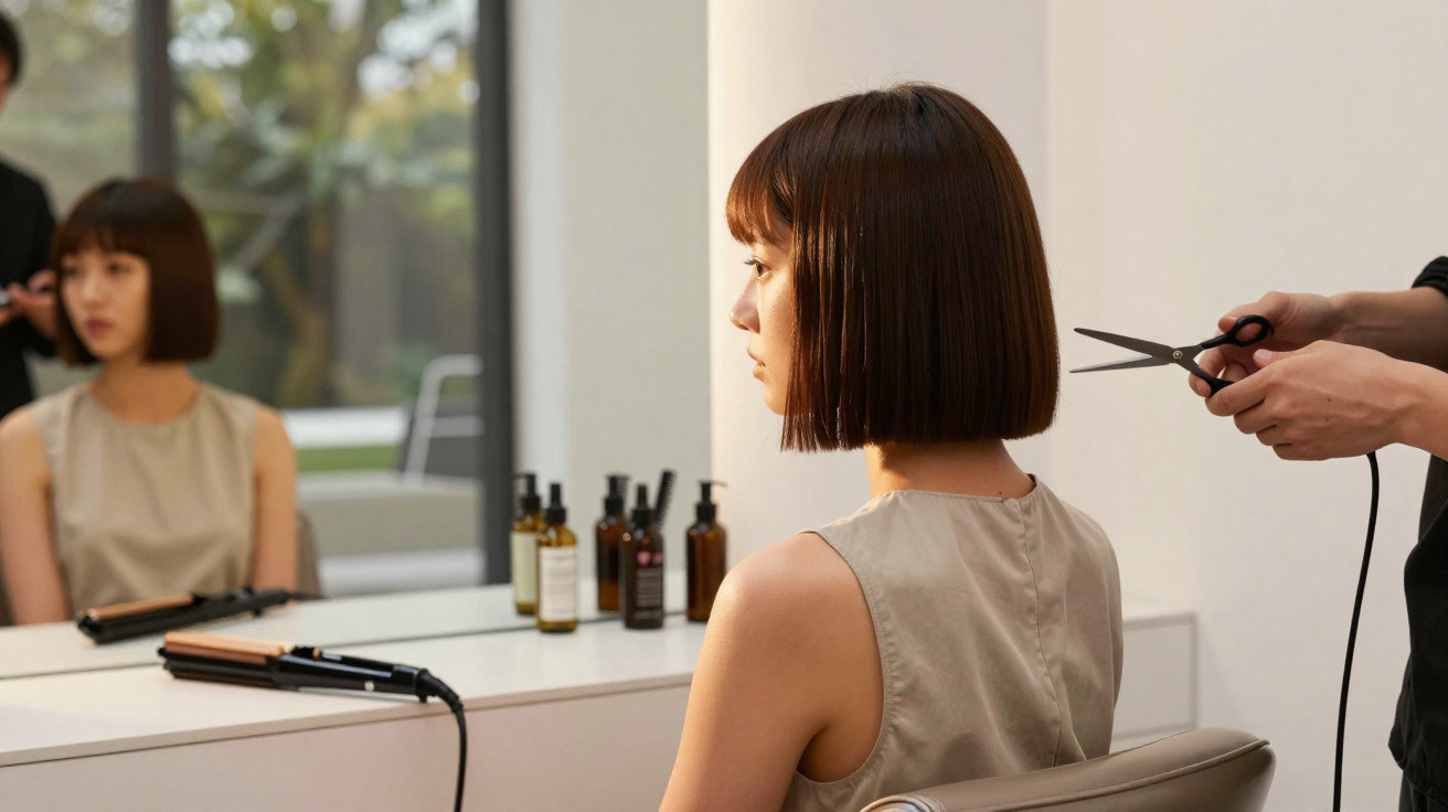 Mulher sentada em cadeira de salão com cabelo curto e chapado, prestes a receber corte com tesoura.