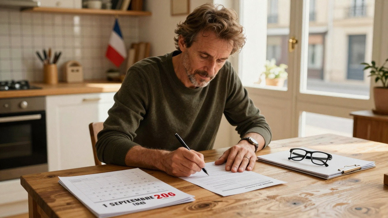 Homem de meia-idade assinando documento na cozinha com calendário e óculos sobre a mesa de madeira.