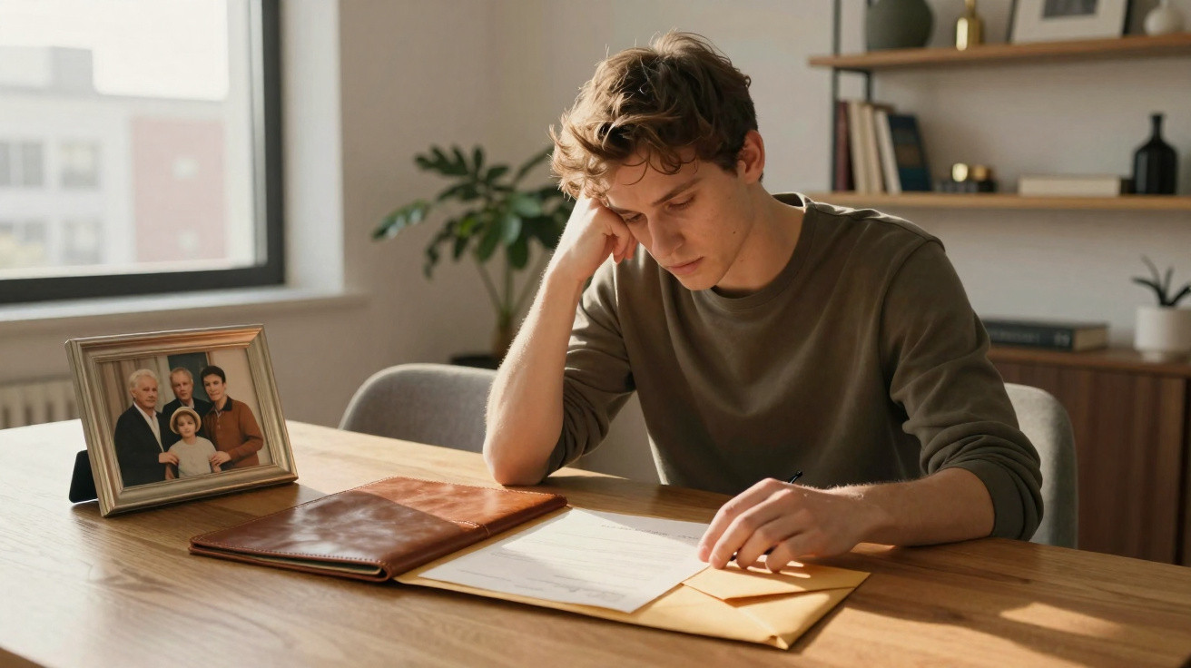 Jovem sentado à mesa lendo documentos com expressão preocupada, ao lado uma foto emoldurada da família.