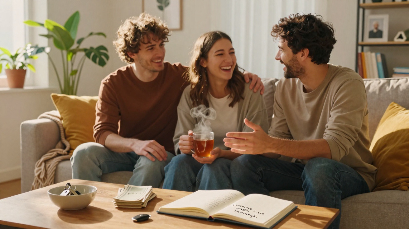 Três amigos sorrindo e conversando em um sofá, com uma caneca de chá quente e um caderno aberto na mesa.