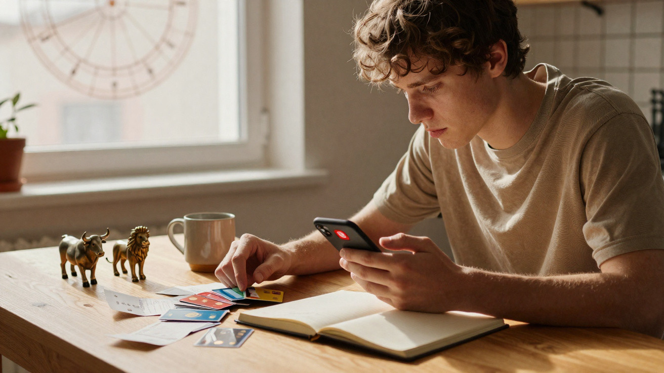 Homem jovem sentado à mesa, analisando cartões de crédito enquanto usa um celular.