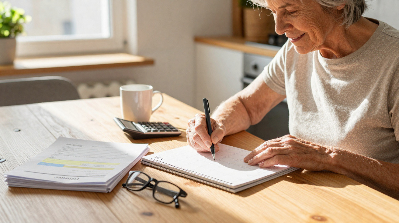 Idosa escrevendo em caderno à mesa com documentos, óculos, calculadora e xícara em ambiente iluminado.