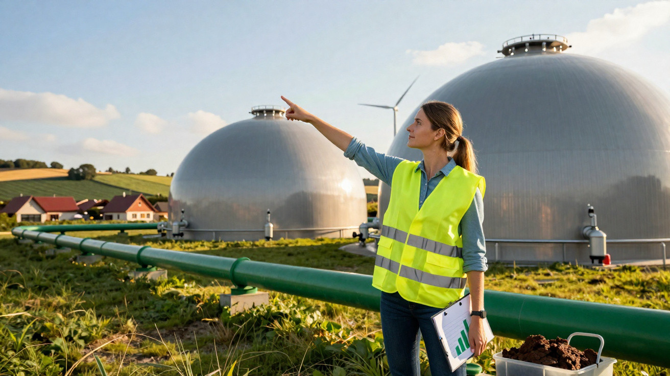 Mulher com colete refletivo aponta para estruturas esféricas industriais em campo aberto com tubulações verdes.